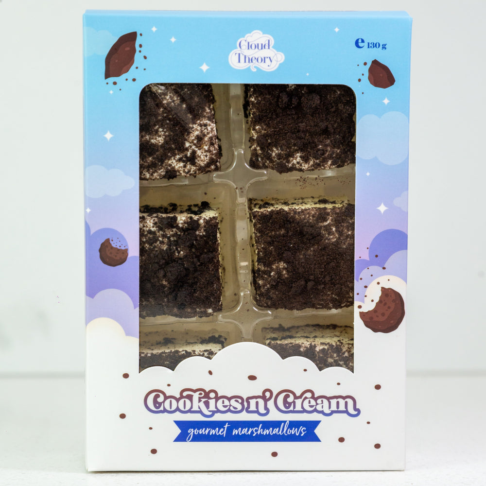 Box of 'Cookies n' Cream' marshmallows with a blue and white design.