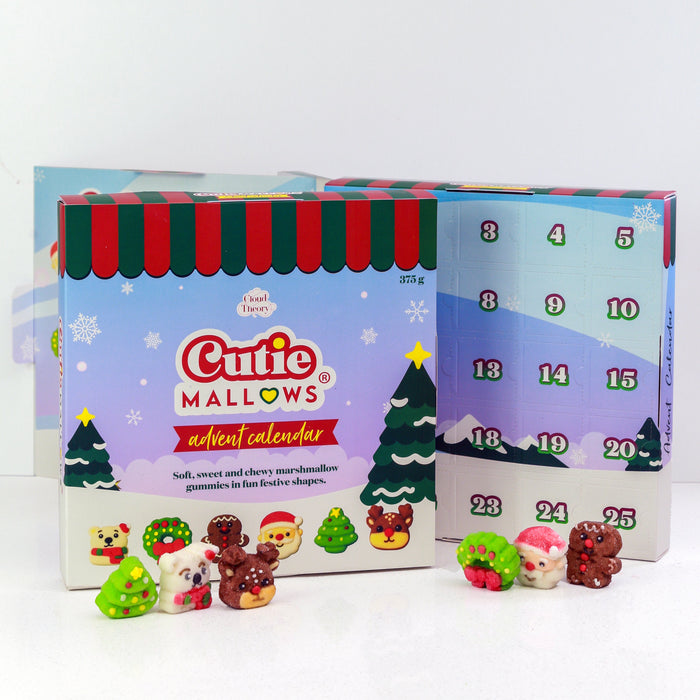 Cutie Mallows Advent Calendar packaging beside the numbered doors and festive marshmallow gummies