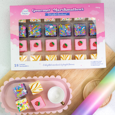 Whimsical Cloud Theory marshmallow box filled with 24 colourful gourmet pieces in playful flavours - a dreamy treat for any celebration.