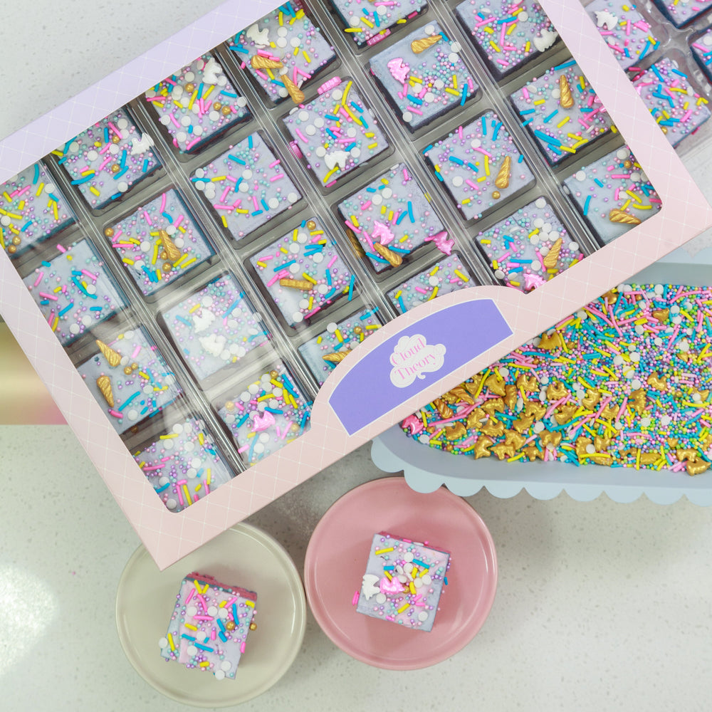 24-piece Rainbow Unicorn marshmallow box featuring pastel-coloured fairy floss marshmallows with whimsical unicorn sprinkles. Perfect for unicorn-themed parties and magical birthday celebrations.