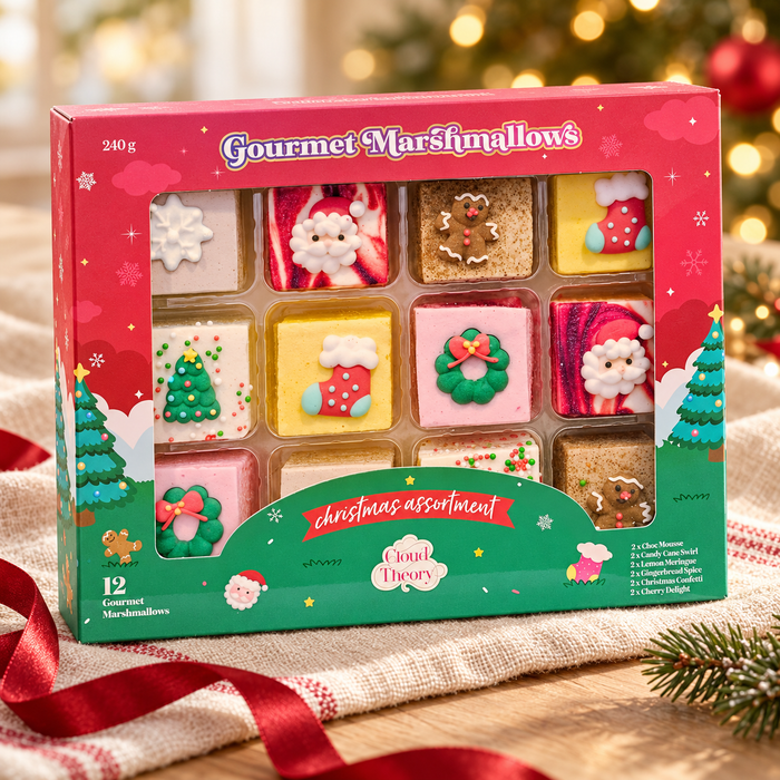 Christmas Assortment gift box with decorated marshmallows in a festive gifting scene