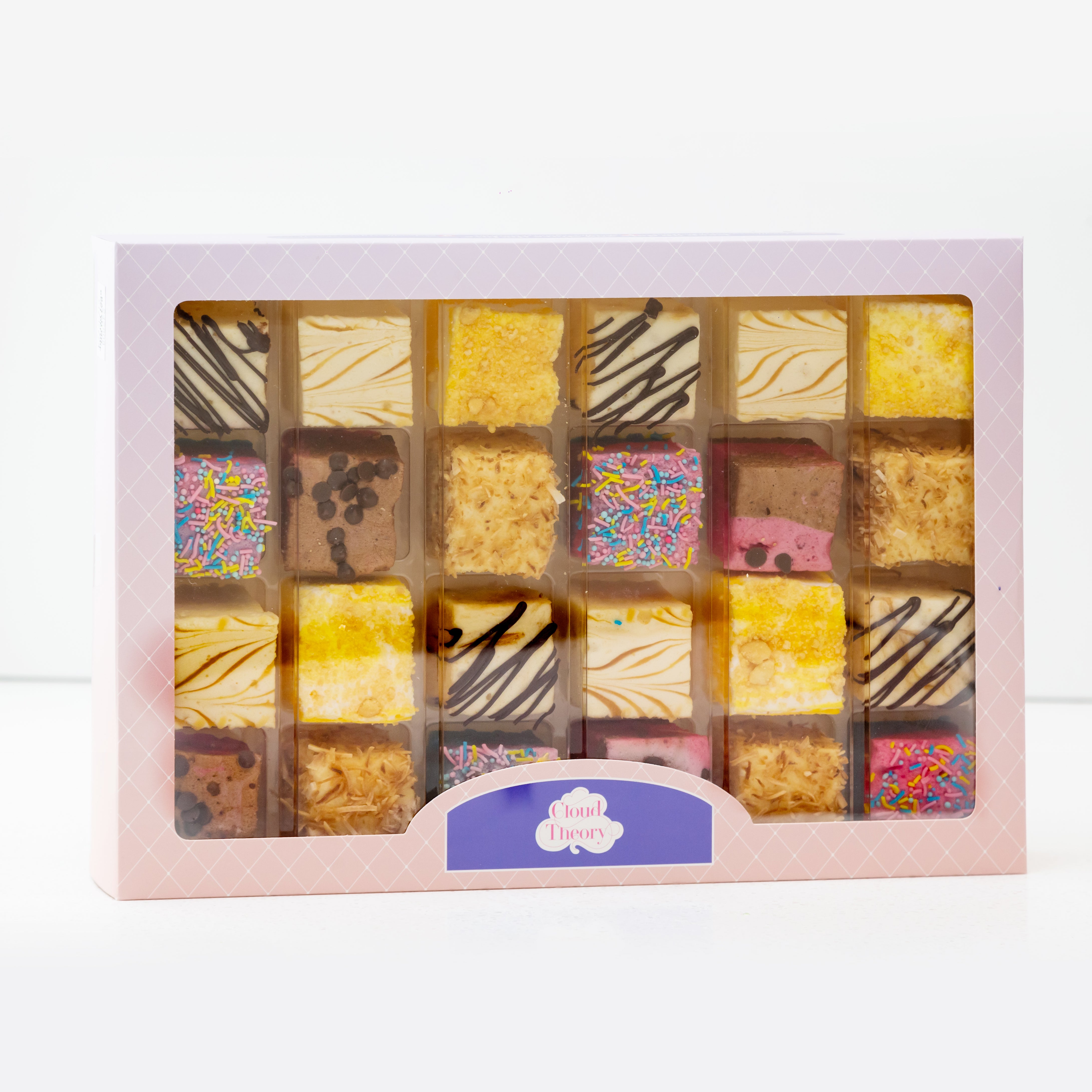 Elegant 24-piece gift box of gourmet marshmallows featuring six popular flavours including Salted Caramel and Rainbow Unicorn