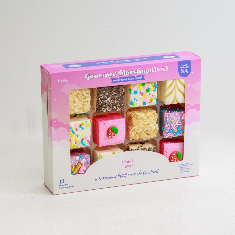 Box of Gourmet Marshmallows with various designs on a light gray background