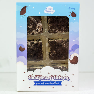 Box of 'Cookies n' Cream' marshmallows with a blue and white design.