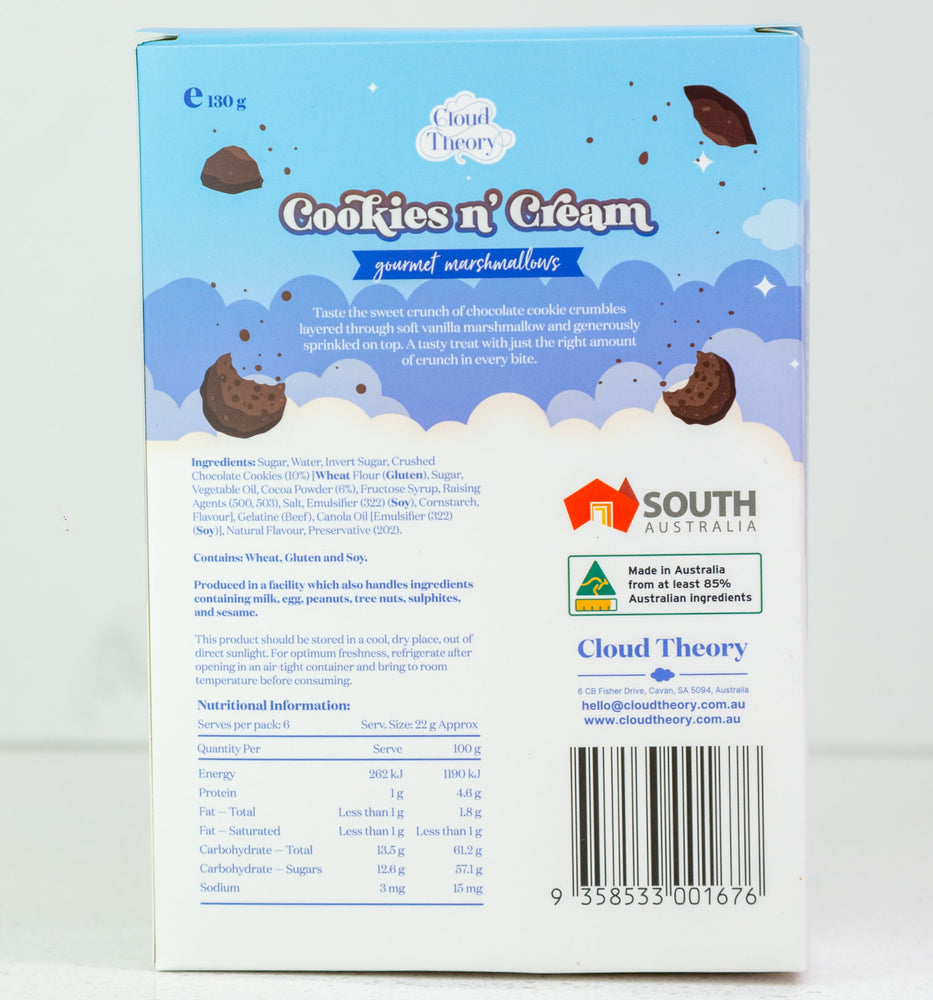 Box of 'Cookies n' Cream' snacks with a blue sky and cloud design on a white background