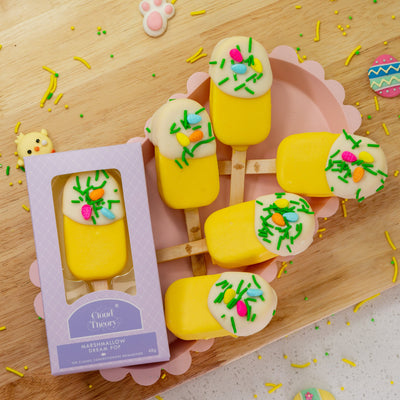 Easter Edition Dream Pop featuring a fluffy marshmallow in the shape of a popsicle, dipped in creamy white chocolate and decorated with festive Easter sprinkles. A perfect Easter gift or party treat.