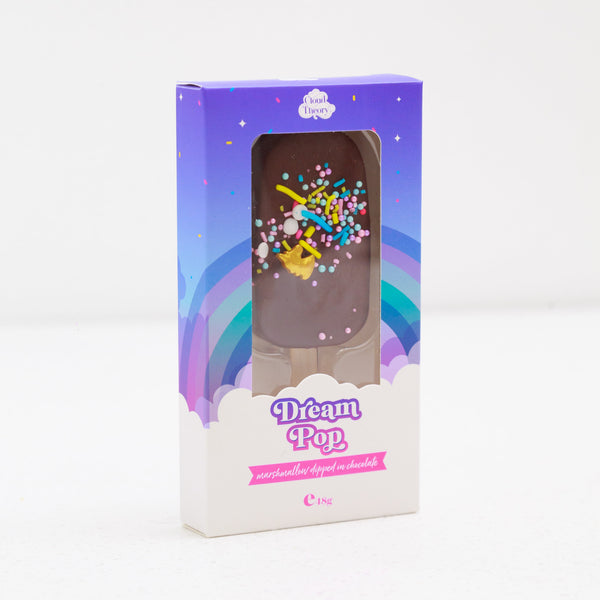Vanilla marshmallow popsicle dipped in creamy chocolate and topped with rainbow unicorn sprinkles, styled on a pastel background – Marshmallow Dream Pop by Cloud Theory
