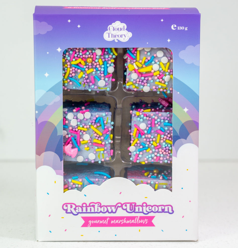 Packaged gourmet marshmallows with colorful sprinkles on a white background