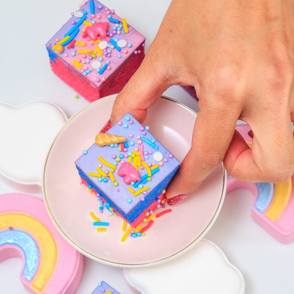 24-piece Rainbow Unicorn marshmallow box featuring pastel-coloured fairy floss marshmallows with whimsical unicorn sprinkles. Perfect for unicorn-themed parties and magical birthday celebrations.