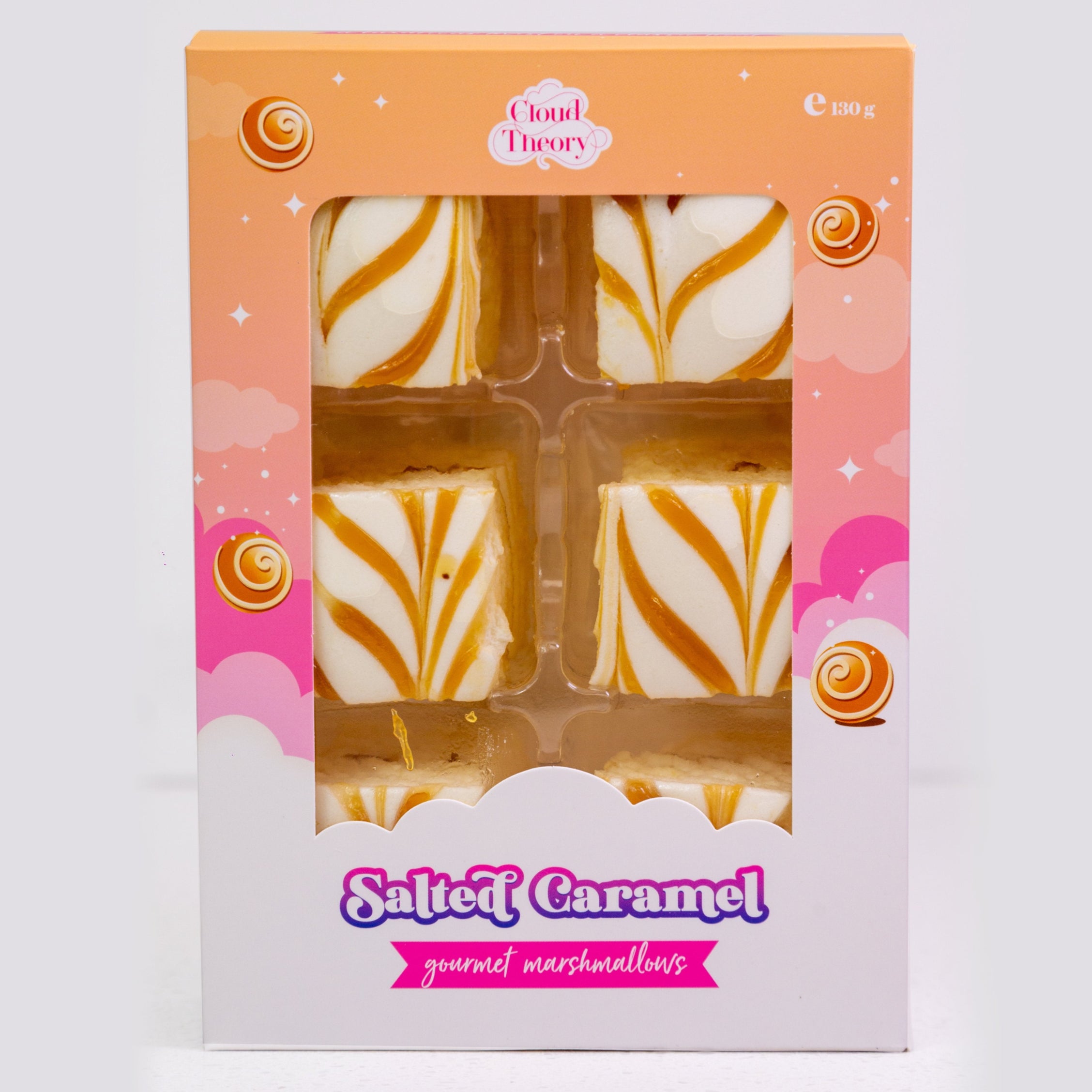 Box of salted caramel marshmallows with 'Cloud Theory' branding on a white background