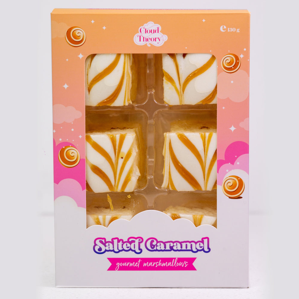 Box of salted caramel marshmallows with 'Cloud Theory' branding on a white background