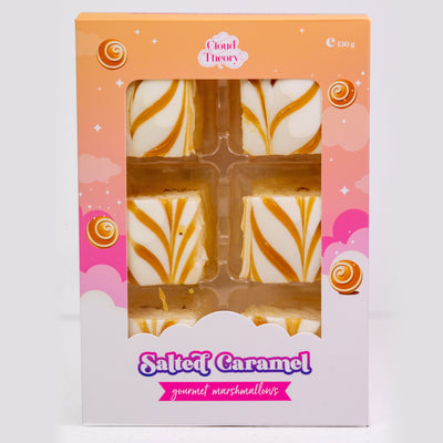 Box of salted caramel marshmallows with 'Cloud Theory' branding on a white background
