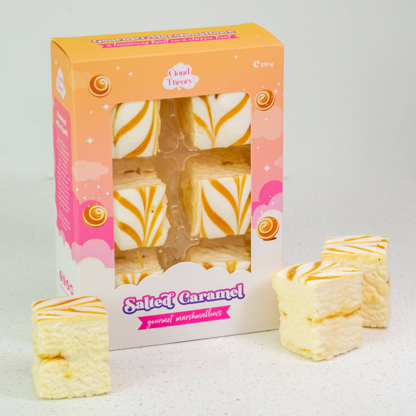 Box of salted caramel marshmallows with a visible brand logo on a white background