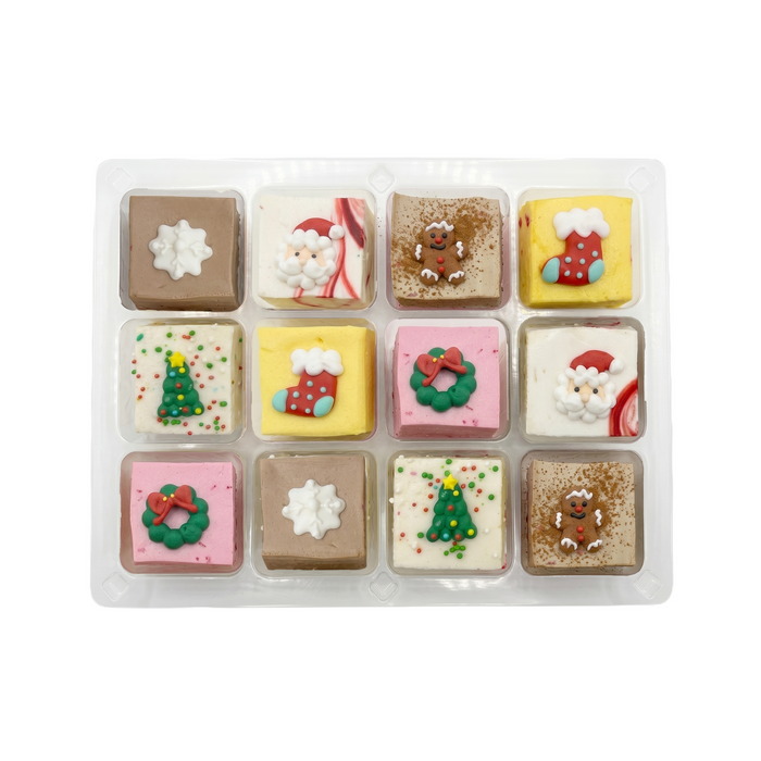 Open tray of 12 Christmas marshmallows with Santa, snowflake, gingerbread, stocking, tree and wreath decorations