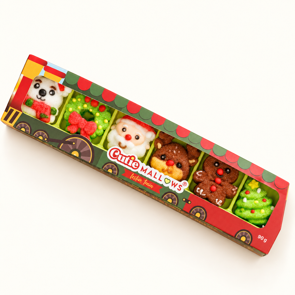 Cutie Mallows Christmas Train gift box showing six festive marshmallow gummies on a cream background